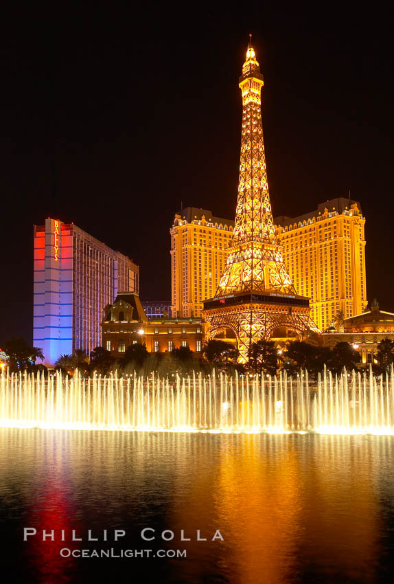 Hotel Paris and Replica of Eiffel Tower at Night in Las Vegas