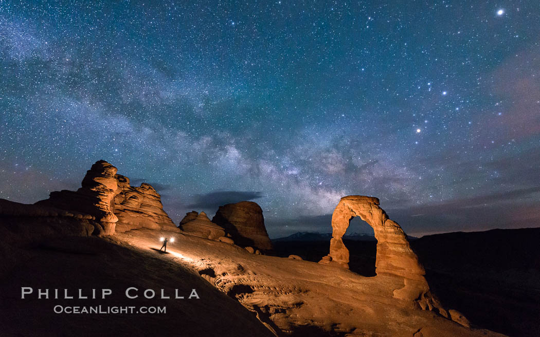 Light Painting and the Milky Way and Stars over Delicate Arch, at night, Arches National Park, Utah. USA, natural history stock photograph, photo id 29288