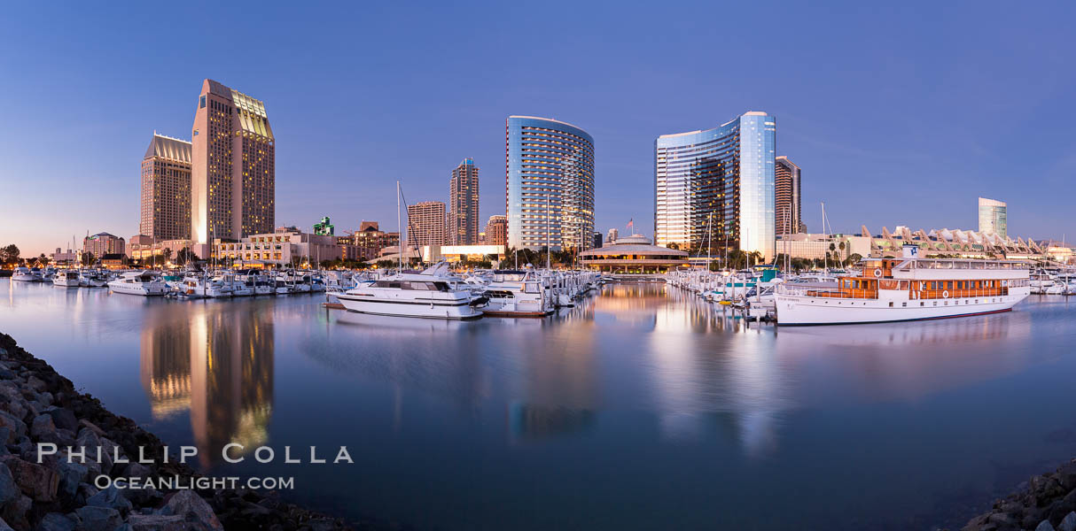 Panoramic photo of San Diego embarcadero, showing the San Diego Marriott Hotel and Marina (center), Roy's Restaurant (center) and Manchester Grand Hyatt Hotel (left) viewed from the San Diego Embarcadero Marine Park. California, USA, natural history stock photograph, photo id 26568