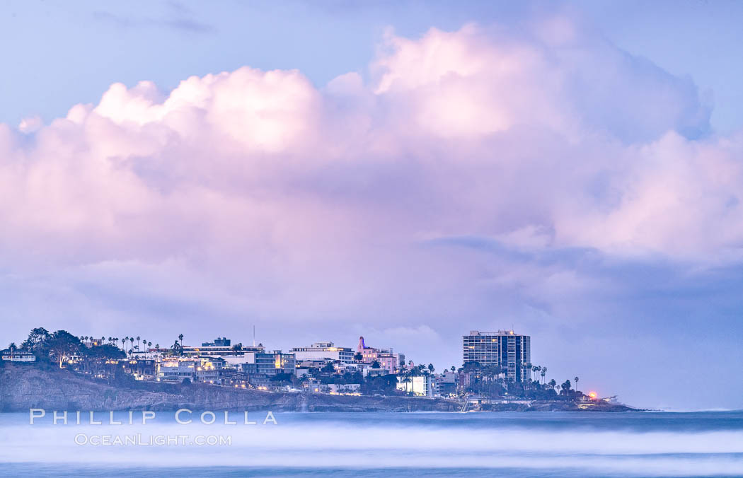 Point La Jolla viewed from Scripps Institution of Oceanography, big waves at sunrise. California, USA, natural history stock photograph, photo id 36630