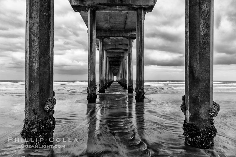 Scripps Pier, Clouds and Surf, Black and White, La Jolla, California