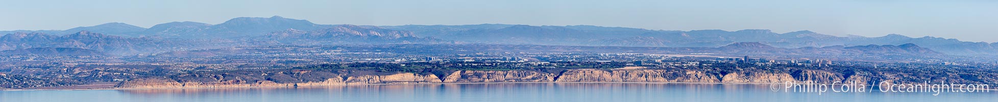 Aerial panorama of Torrey Pines State Reserve, from Del Mar (left) to La Jolla (right), San Diego, California