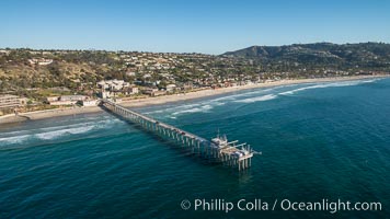 Aerial Photo of Scripps Pier. SIO Pier. The Scripps Institution of Oceanography research pier is 1090 feet long and was built of reinforced concrete in 1988, replacing the original wooden pier built in 1915. The Scripps Pier is home to a variety of sensing equipment above and below water that collects various oceanographic data. The Scripps research diving facility is located at the foot of the pier. Fresh seawater is pumped from the pier to the many tanks and facilities of SIO, including the Birch Aquarium. The Scripps Pier is named in honor of Ellen Browning Scripps, the most significant donor and benefactor of the Institution