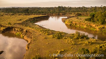 Aerial view of the Mara River, Maasai Mara, Kenya.  Photo taken while hot air ballooning at sunrise, Maasai Mara National Reserve