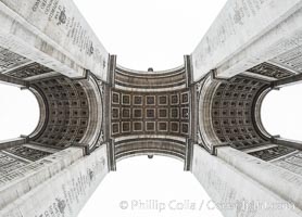 Arc de Triomphe. The Arc de Triomphe (Arc de Triomphe de l'Etoile) is one of the most famous monuments in Paris. It stands in the centre of the Place Charles de Gaulle (originally named Place de l'Etoile), at the western end of the Champs-Elysees. The Arc de Triomphe (in English: "Triumphal Arch") honors those who fought and died for France in the French Revolutionary and the Napoleonic Wars, with the names of all French victories and generals inscribed on its inner and outer surfaces. Beneath its vault lies the Tomb of the Unknown Soldier from World War I. The monument was designed by Jean Chalgrin in 1806, and its iconographic program pitted heroically nude French youths against bearded Germanic warriors in chain mail. It set the tone for public monuments, with triumphant patriotic messages. The monument stands 50 metres (164 ft) in height, 45 m (148 ft) wide and 22 m (72 ft) deep