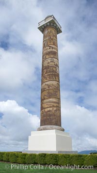 The Astoria Column rises 125 feet above Coxcomb Hill, site of the first permanent American Settlement west of the Rockies, itself 600 feet above Astoria.  It was erected in 1926 and has been listed in the National Register of Historic Places since 1974.  The column displays 14 scenes commemorating important events in the history of Astoria in cronological order. An interior 164-step spiral staircase leads to the top of a viewing platform with spectacular views