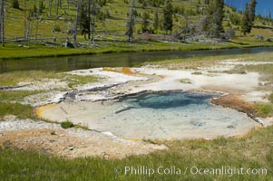 Bailey Spring, west of parking lot at Fairy Falls trailhead immediately adjacent to Firehole River.  Midway Geyser Basin, Yellowstone National Park, Wyoming