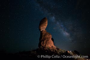 Balanced Rock and Milky Way stars at night. (Note: this image was created before a ban on light-painting in Arches National Park was put into effect.  Light-painting is no longer permitted in Arches National Park)