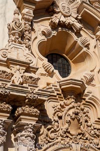 Detail of the ornate south facade of the Casa del Prado, Balboa Park, San Diego, California