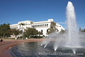 The Bea Evenson Fountain is the centerpiece of the Plaza de Balboa in Balboa Park, San Diego.  The San Diego Natural History Museum is seen in the background