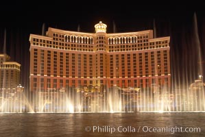 The Bellagio Hotel fountains, at night.  The Bellagio Hotel fountains are one of the most popular attractions in Las Vegas, showing every half hour or so throughout the day, choreographed to famous Hollywood music