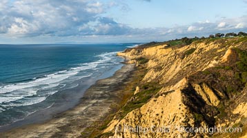 Black's Beach and Sandstone cliffs at Torrey Pines State Park, viewed from high above the Pacific Ocean near the Indian Trail, La Jolla, California