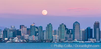 Blue Moon, Full Moon at Sunset over San Diego City Skyline, approaching jet with headlights appearing in front of the moon