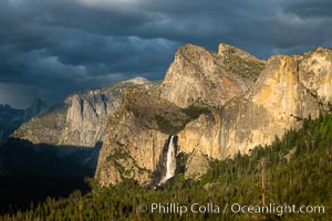 Bridalveil Falls and Cathedral Rocks, Sunset, Yosemite National Park