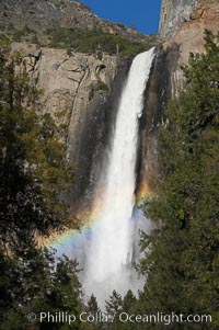 Bridalveil Falls with a rainbow forming in its spray, dropping 620 into Yosemite Valley, displaying peak water flow in spring months from deep snowpack and warm weather melt.  Yosemite Valley, Yosemite National Park, California