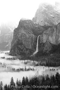 Bridalveil Falls and misty Yosemite Valley, Yosemite National Park, California