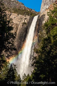 Bridalveil Falls in Yosemite drops 620 feet (188 m) from a hanging valley to the floor of Yosemite Valley, Yosemite National Park, California