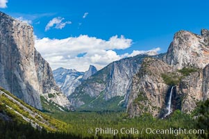 Bridalveil Falls in Yosemite drops 620 feet (188 m) from a hanging valley to the floor of Yosemite Valley, Yosemite National Park, California