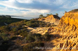 Broken Hill with La Jolla and the Pacific Ocean in the distance.  Broken Hill is an ancient, compacted sand dune that was uplifted to its present location and is now eroding, Torrey Pines State Reserve, San Diego, California