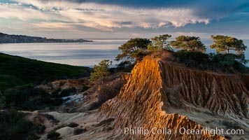 Broken Hill with La Jolla and the Pacific Ocean in the distance.  Broken Hill is an ancient, compacted sand dune that was uplifted to its present location and is now eroding, Torrey Pines State Reserve, San Diego, California