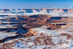 Soda Springs Basin in Canyonlands National Park, snow covered mesas and canyons, with the Green River far below, not far from its confluence with the Colorado River.  Island in the Sky