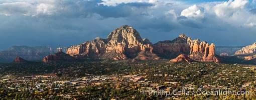 Capital Butte panorama, the town of Sedona spreadout in the valley below, Arizona