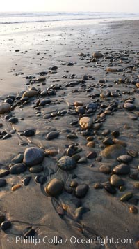 Cobblestones on a flat sand beach.  Cobble stones are polished round and smooth by years of wave energy.  They are alternately exposed and covered by sand depending on the tides, waves and seasons of the year.  Cobblestones are common on the beaches of southern California, contained in the sandstone bluffs along the beach and released onto the beach as the bluffs erode, Carlsbad