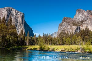 Gates of Yosemite Valley and Merced River.  El Capitan (left), Bridalveil Falls and Cathedral Rocks (right).  Yosemite National Park, Spring, Gates of the Valley