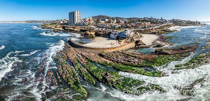 Children's Pool Reef Exposed at Extreme Low Tide, La Jolla, California. Aerial panoramic photograph