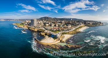 Childrens Pool Reef Exposed at Extreme Low Tide, La Jolla, California. Aerial panoramic photograph