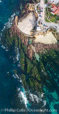 Childrens Pool Reef Exposed at Extreme Low King Tide, La Jolla, California. Aerial panoramic photograph, Children's Pool