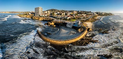 Children's Pool Reef Exposed at Extreme Low King Tide, La Jolla, California. Aerial panoramic photograph