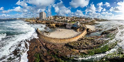 Children's Pool Reef Exposed at Extreme Low King Tide, La Jolla, California. Aerial panoramic photograph