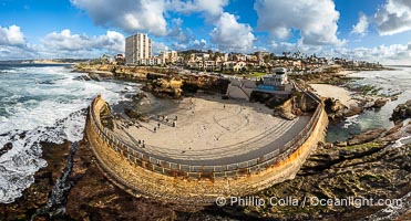 Children's Pool Reef Exposed at Extreme Low King Tide, La Jolla, California. Aerial panoramic photograph