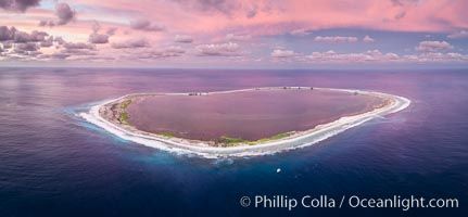 Sunset at Clipperton Island, aerial panoramic photo showing the entire atoll.  Clipperton Island, a minor territory of France also known as Ile de la Passion, is a small (2.3 sq mi) but  spectacular coral atoll in the eastern Pacific. By permit HC / 1485 / CAB (France)