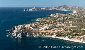 Punta Ballena, Faro Cabesa Ballena (foreground), Medano Beach and Land's End (distance). Residential and resort development along the coast near Cabo San Lucas, Mexico