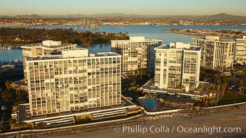 Coronado Shores, a group of 10 condominium buildings south of the Hotel Del, on the water on Coronado Island, San Diego, California