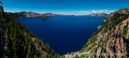 Crater Lake panoramic photograph.  Panorama picture of Crater Lake National Park