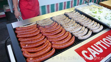 Sausages on the grill, hot dogs, bratwurst, Del Mar Fair