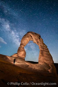 Delicate Arch and Milky Way, lit by quarter moon, hiker's flashlight and the fading blue sky one hour after sunset.  Arches National Park, Utah