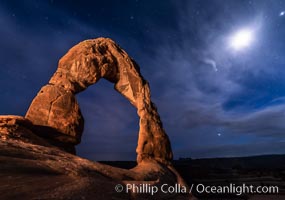 Delicate Arch with Stars and Moon, at night, Arches National Park