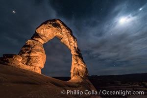 Delicate Arch with Stars and Moon, at night, Arches National Park