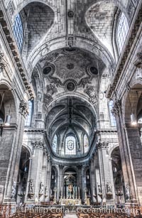 Eglise Saint-Sulpice. Saint-Sulpice is a Roman Catholic church in Paris, France, on the east side of the Place Saint-Sulpice, in the Luxembourg Quarter of the VIe arrondissement. At 113 metres long, 58 metres in width and 34 metres tall, it is only slightly smaller than Notre-Dame and thus the second largest church in the city