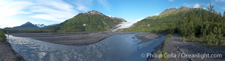 Panorama of Exit Creek, early morning, summer, as it washes over the flood plain below Exit Glacier, Kenai Fjords National Park, Alaska