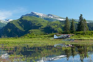 Float plane, water lilies and pond lie beneath the Chigmit Range near Silver Salmon Creek, Lake Clark National Park, Alaska