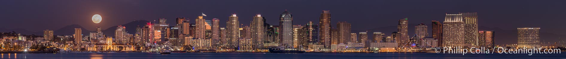 Full Moon rising over San Diego City Skyline, viewed from Harbor Island