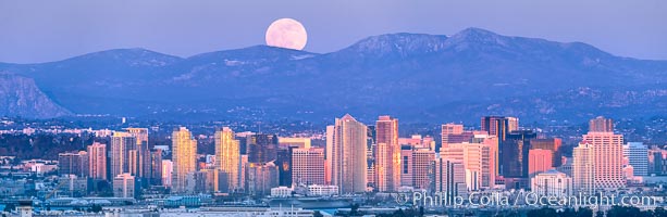 Full Moon Rises over the San Diego City Skyline and Mount Laguna, viewed from Point Loma, panoramic photograph