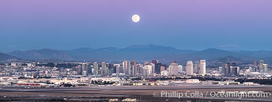 Full Moon Rises over the San Diego City Skyline and Mount Laguna, viewed from Point Loma, panoramic photograph