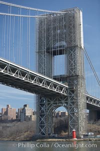 George Washington Bridge, with construction scaffolding.  Hudson River, Manhattan, New York City