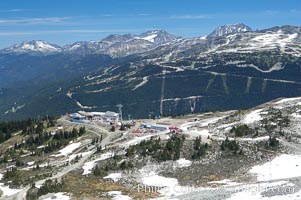 Gondola station viewed from the summit of Whistler Mountain, with Blackcomb Mountain in the distance on the right